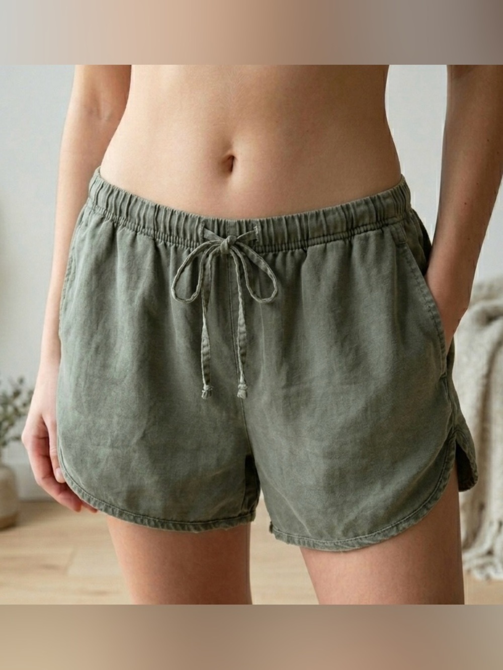 Brandy Melville Olive Green Rosette Cotton Blend Shorts